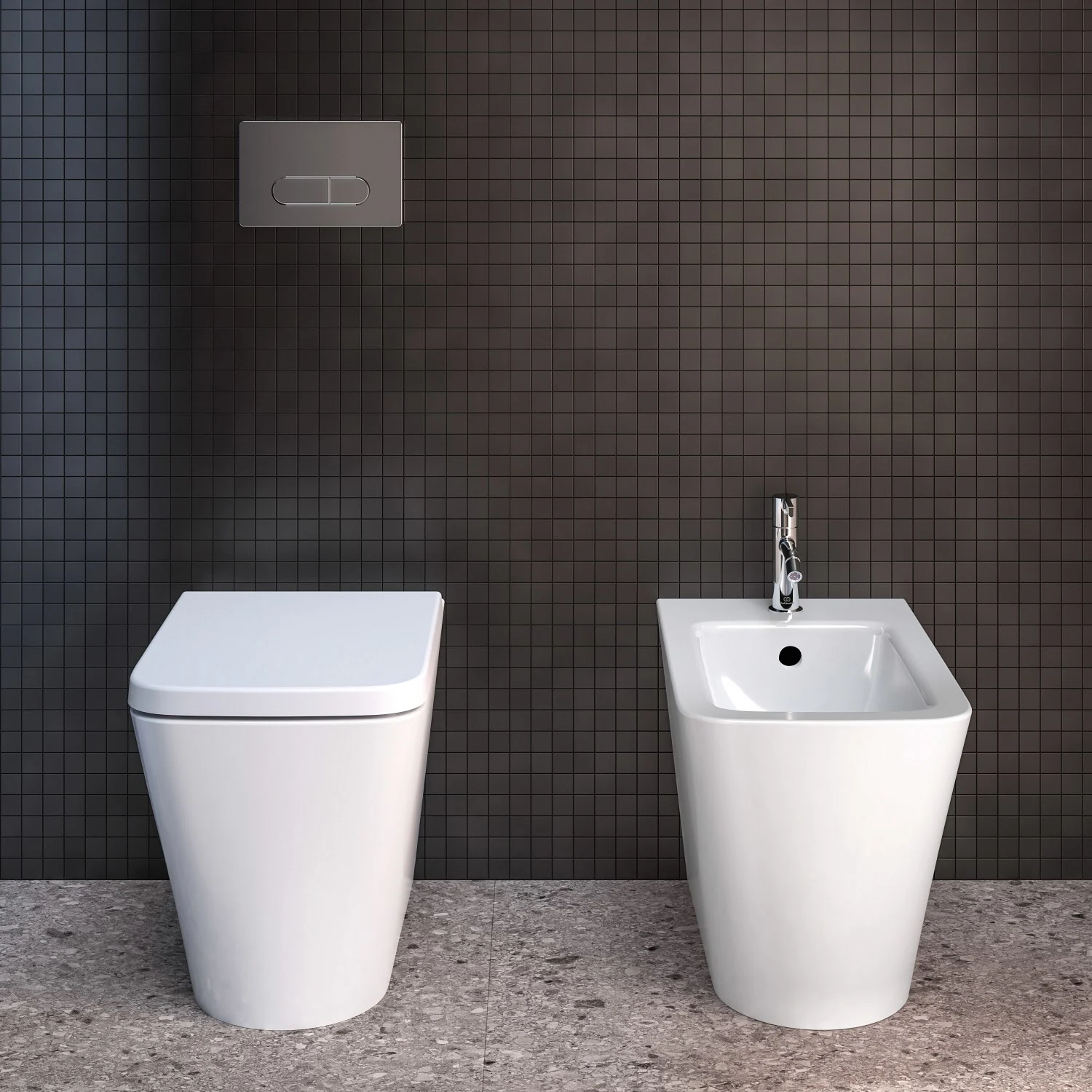 Toaleta stojąca i bidet przed ciemną ścianą z płytek, Ideal Standard