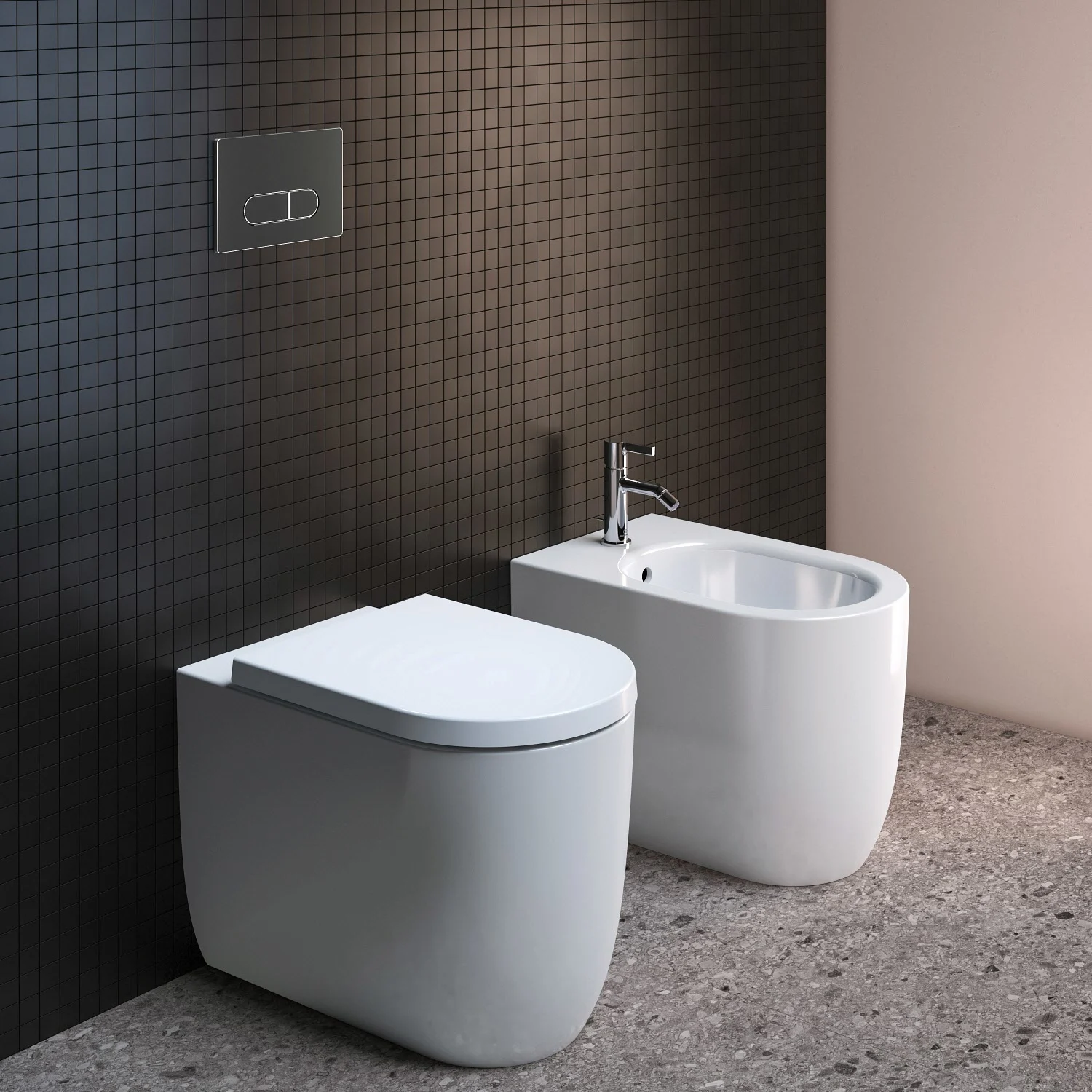 Toaleta stojąca i bidet na tle ciemnej ściany z płytek, Ideal Standard