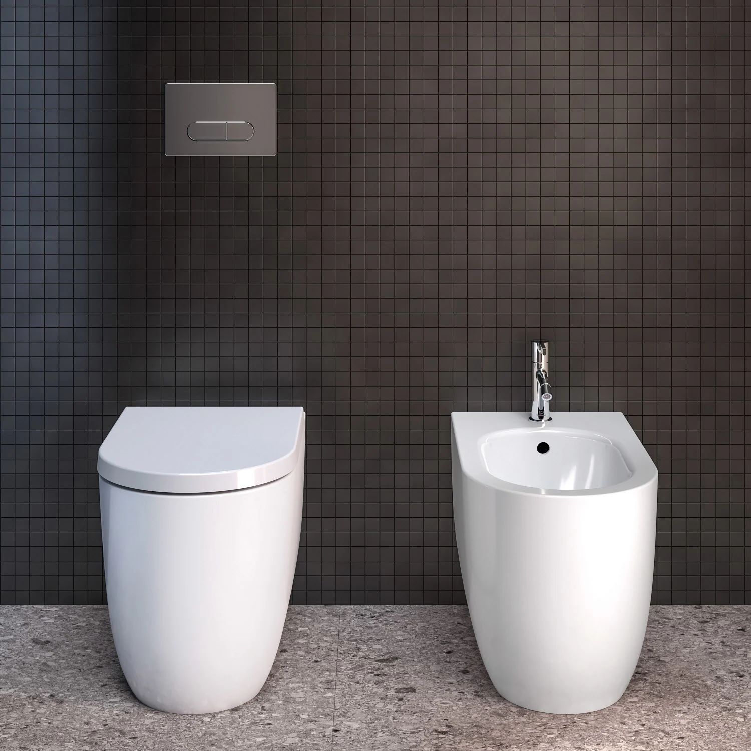 Toaleta stojąca i bidet przed ciemną ścianą z płytek, Ideal Standard