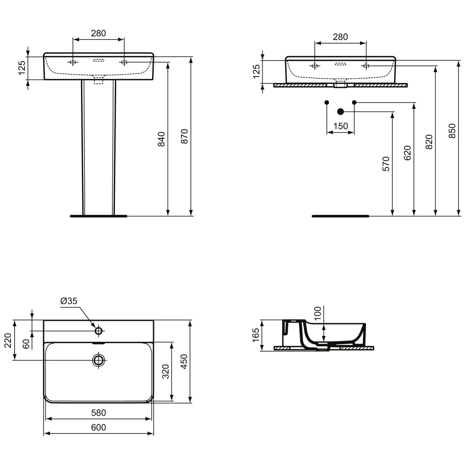 Ideal Standard Conca Waschtisch 60 cm, 1 Hahnloch, mit Überlauf, geschliffen Bild 5