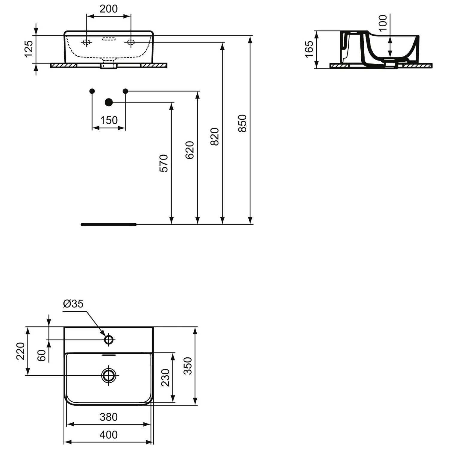 Ideal Standard Conca Handwaschbecken 40 cm, 1 Hahnloch, mit Überlauf, geschliffen Bild 5