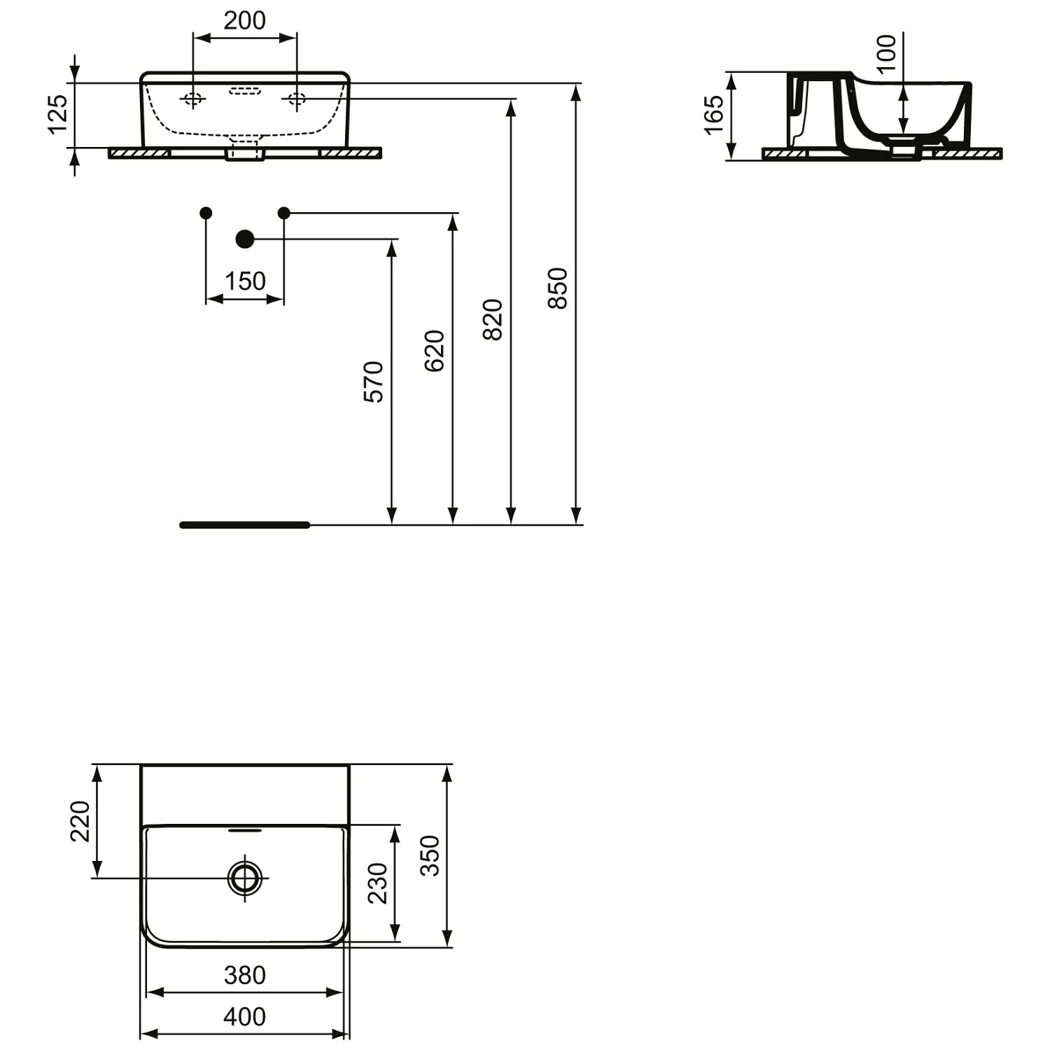 Rysunek techniczny umywalki z wymiarami, Ideal Standard