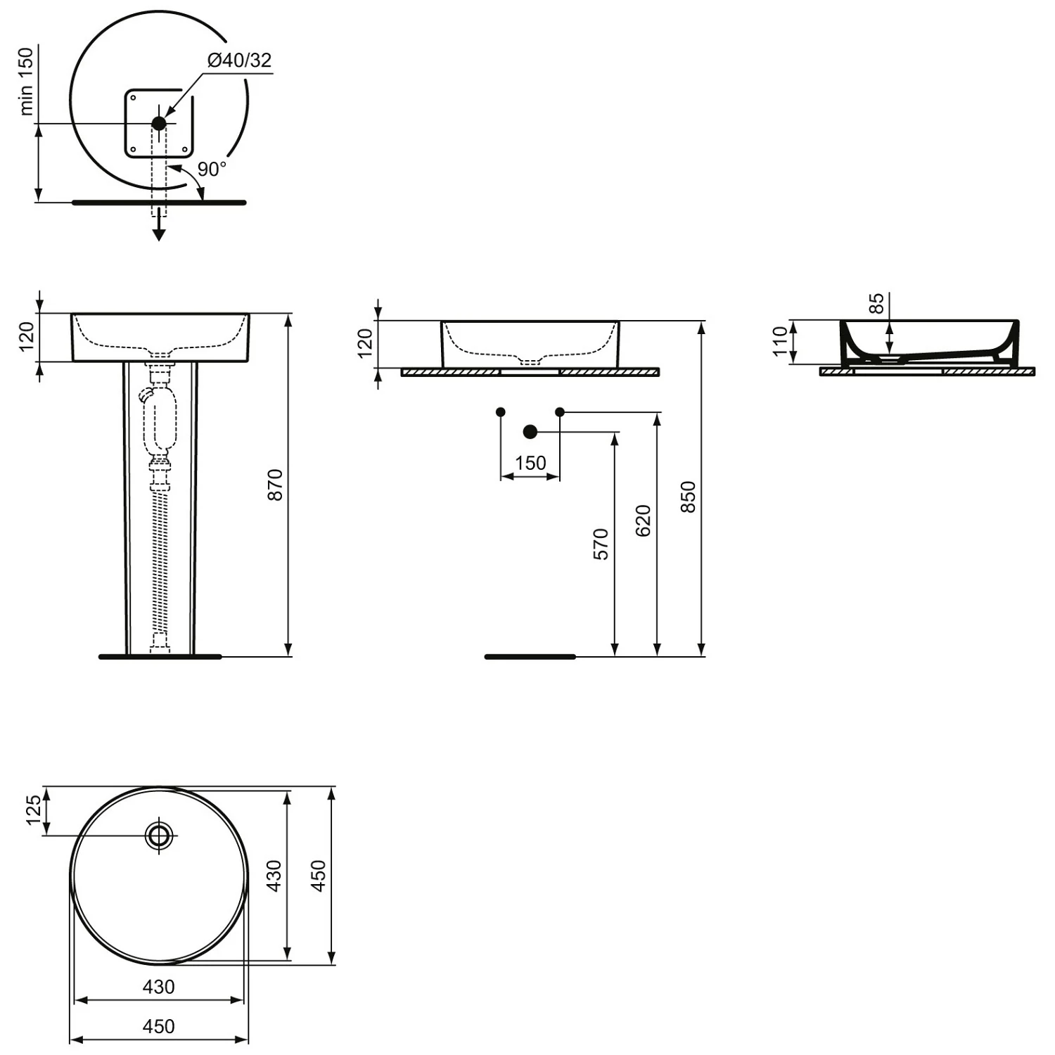 Ideal Standard Conca Schale rund 45 cm, ohne Hahnloch, ohne Überlauf, geschliffen Bild 5
