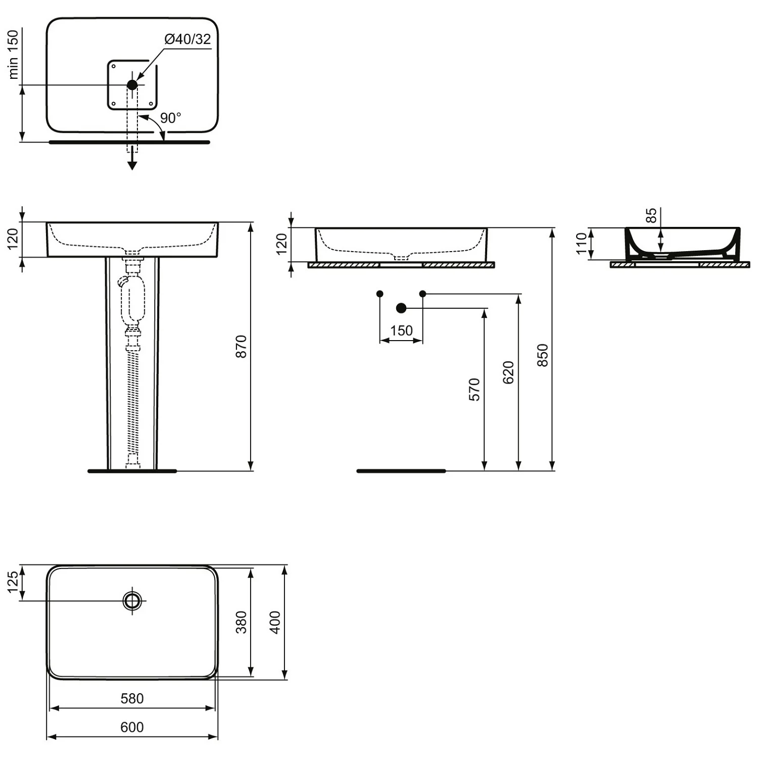 Rysunek techniczny kwadratowej umywalki, Ideal Standard