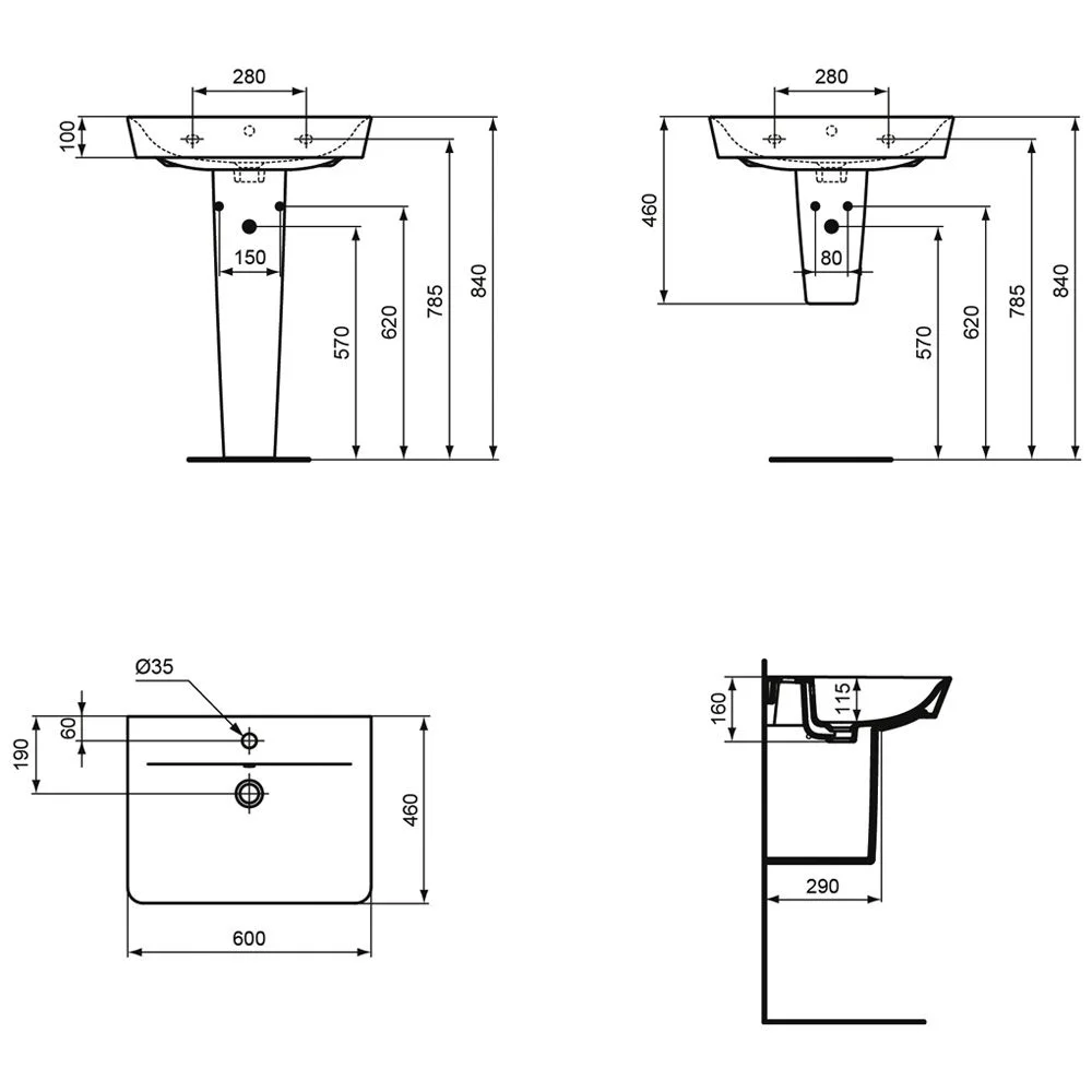 Rysunek techniczny umywalki, Ideal Standard