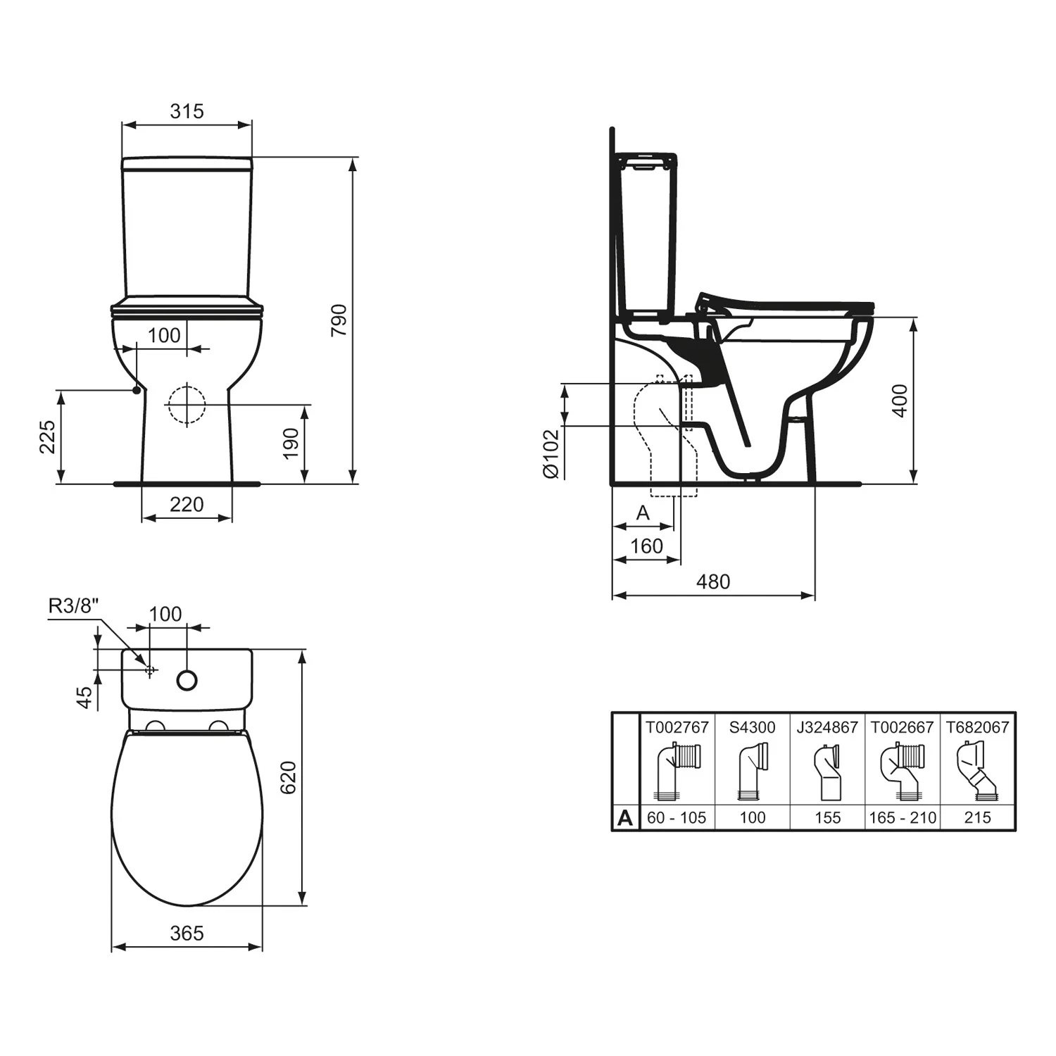 Rysunek techniczny toalety z wymiarami, Ideal Standard
