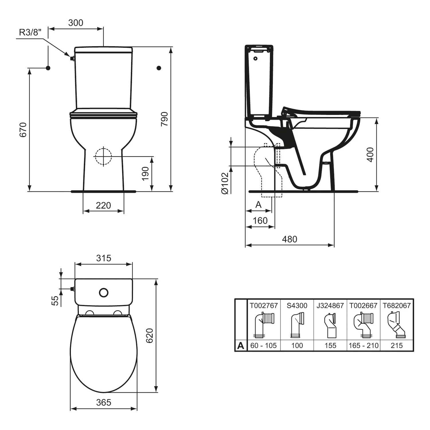 Rysunek techniczny toalety z wymiarami, Ideal Standard