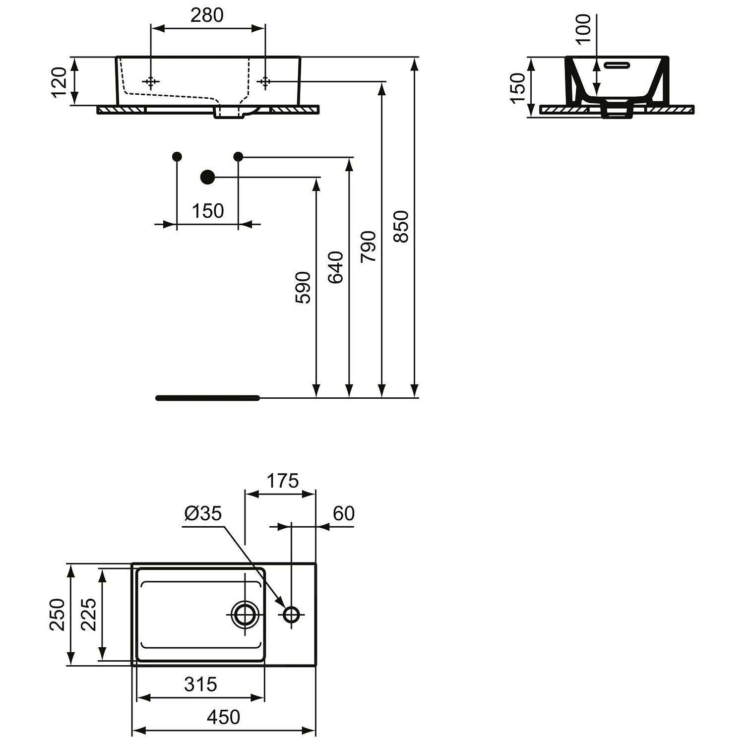 Rysunek techniczny umywalki z wymiarami, Ideal Standard