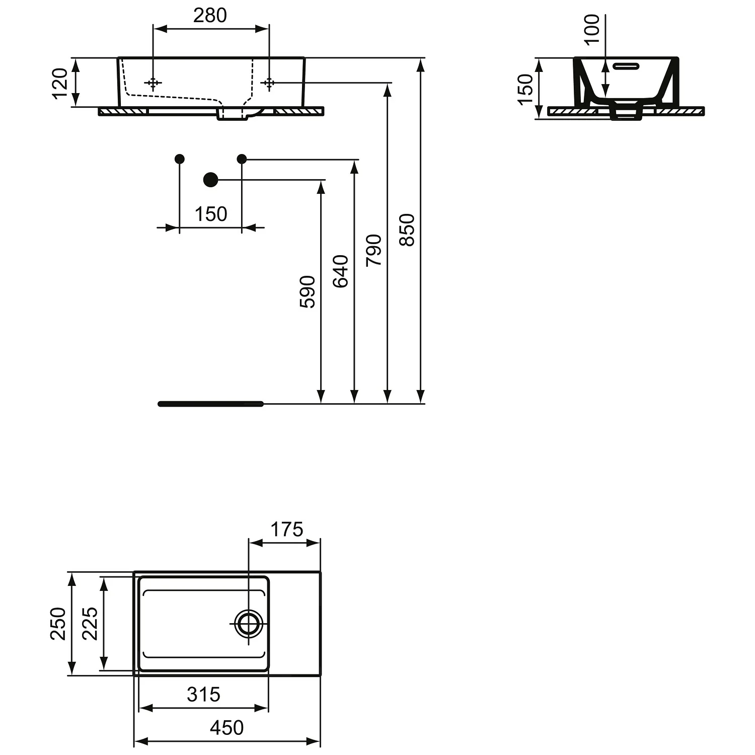 Rysunek techniczny umywalki z wymiarami, Ideal Standard