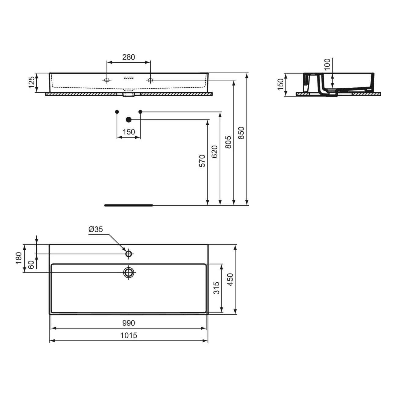 Rysunek techniczny umywalki z wymiarami, Ideal Standard