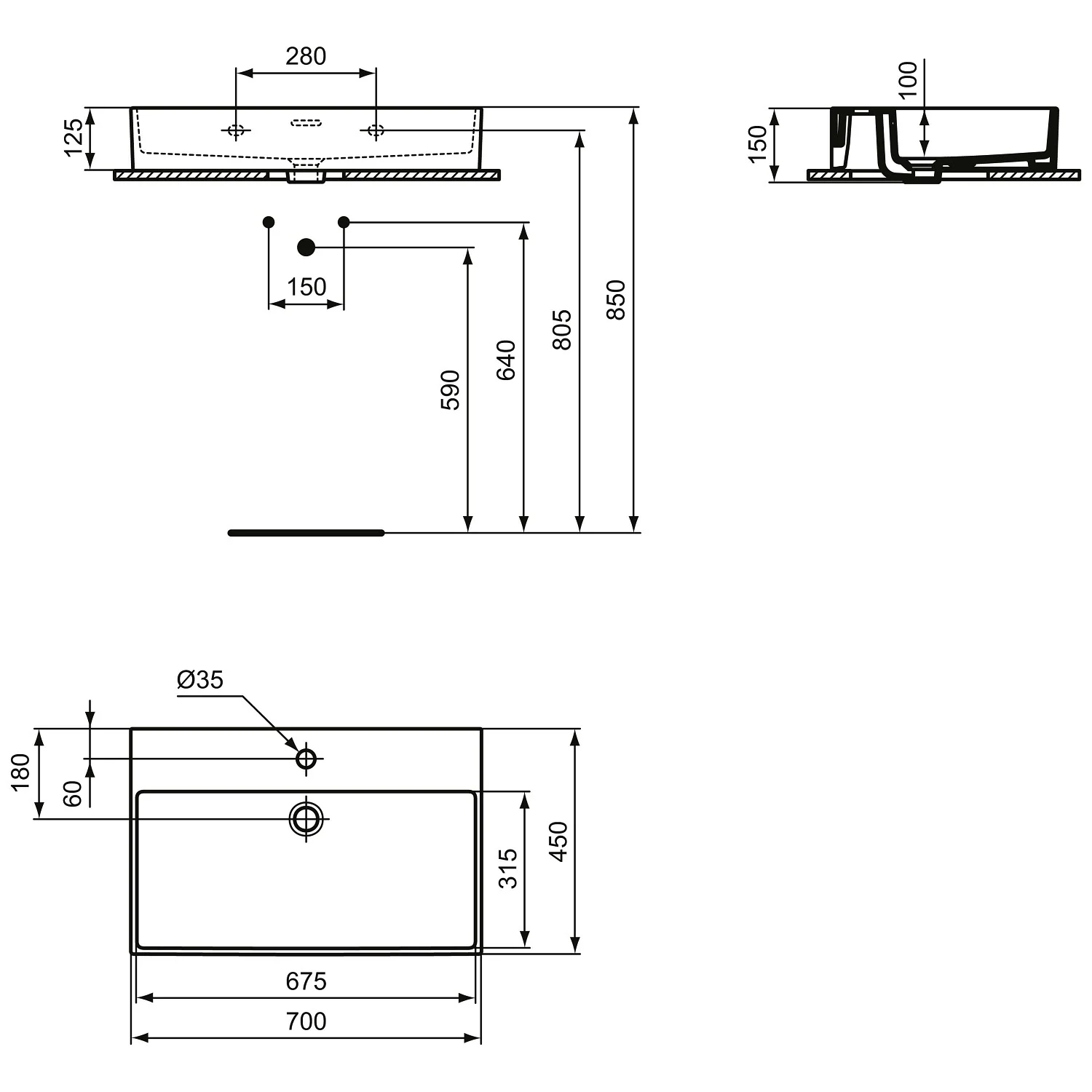Rysunek techniczny umywalki 70 cm, Ideal Standard