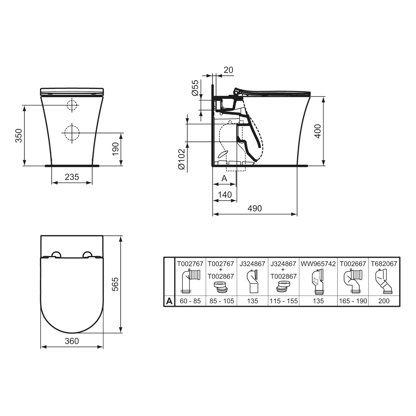 Rysunek techniczny toalety z wymiarami, Ideal Standard