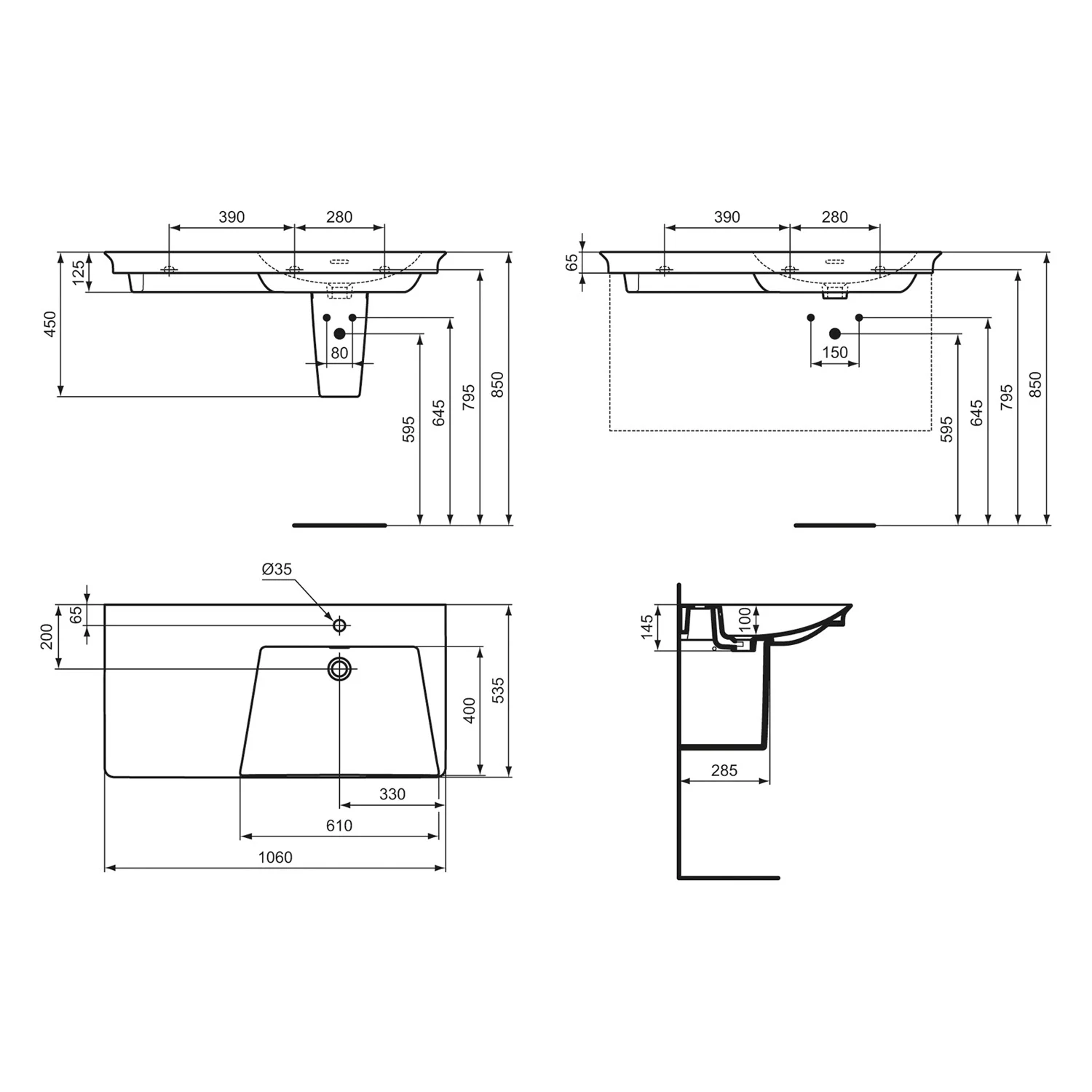 Rysunek techniczny umywalki z wymiarami, Ideal Standard