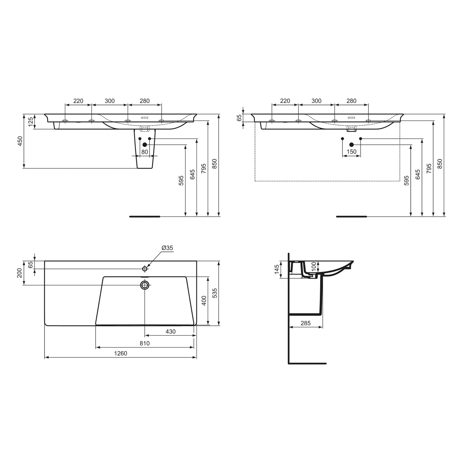 Rysunek techniczny umywalki z wymiarami, Ideal Standard