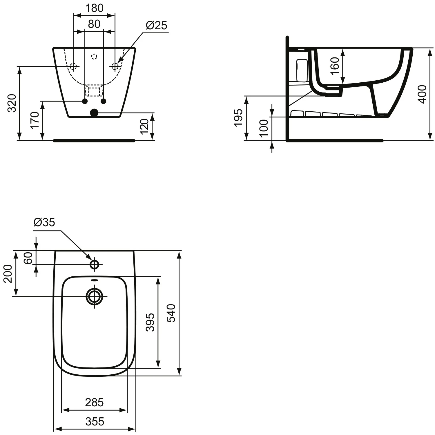 Rysunek techniczny bidetu ściennego, Ideal Standard