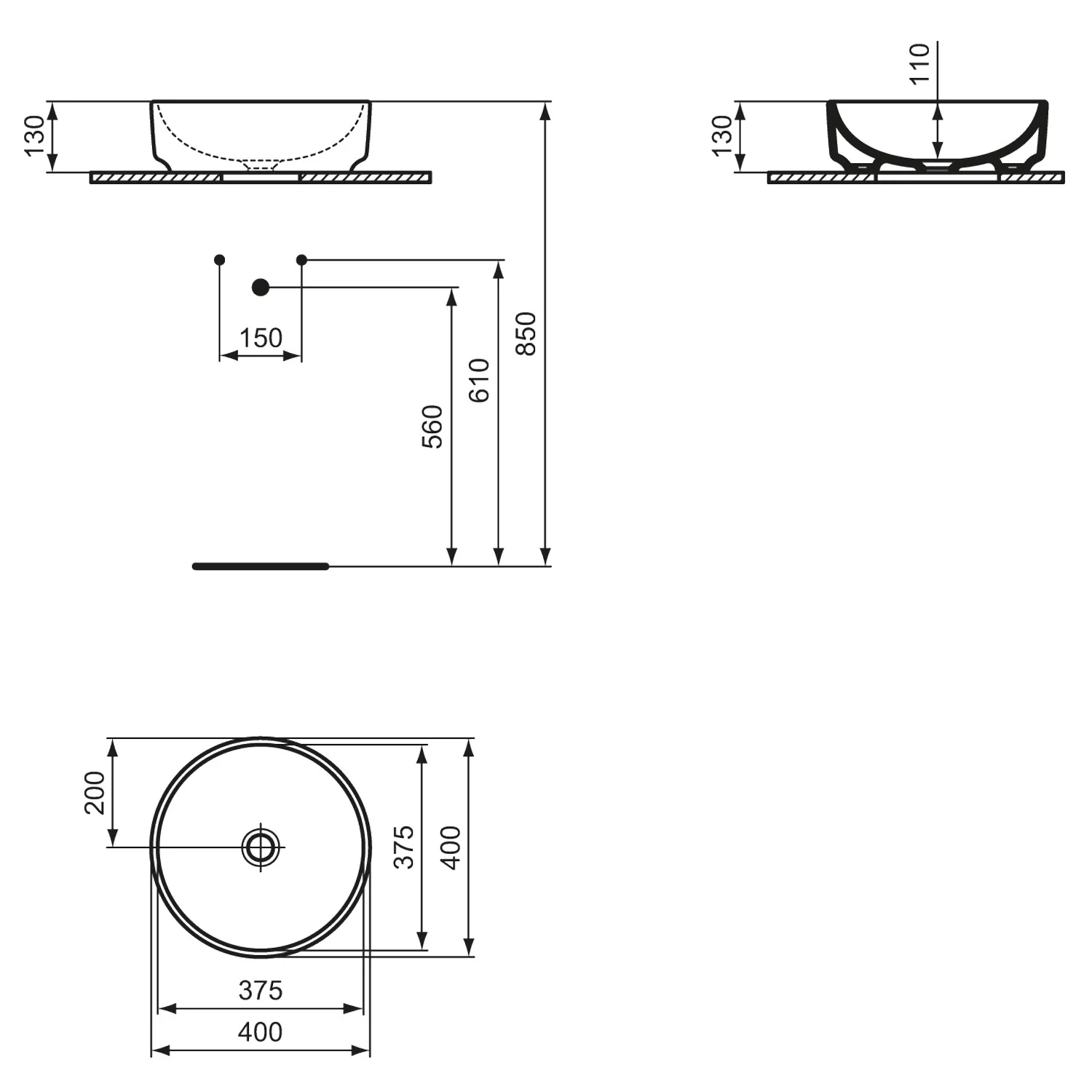 Rysunek techniczny umywalki z wymiarami, Ideal Standard