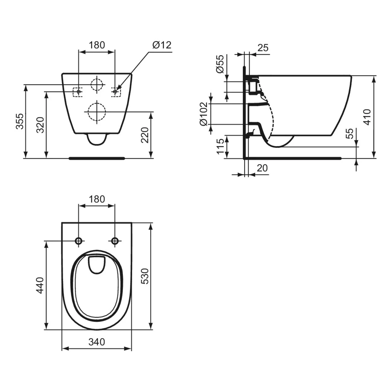 Rysunek techniczny toalety z wymiarami, Ideal Standard