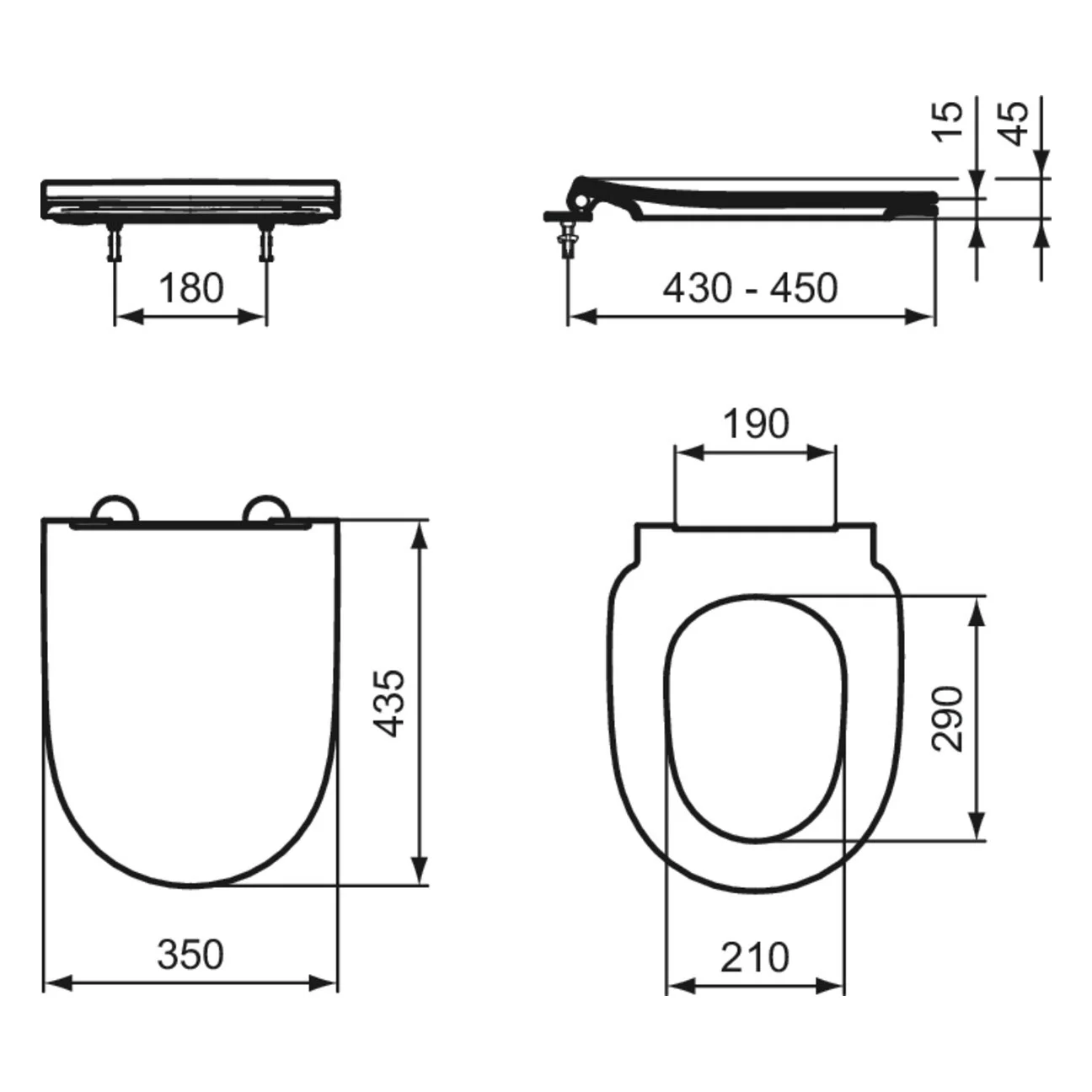 Rysunek techniczny deski sedesowej z wymiarami, Ideal Standard