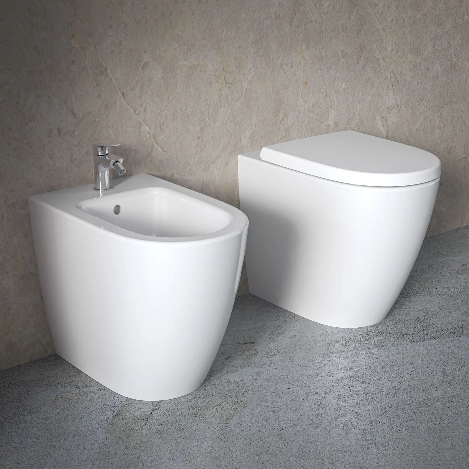 Zbliżenie na toaletę i bidet na szarej podłodze, Ideal Standard