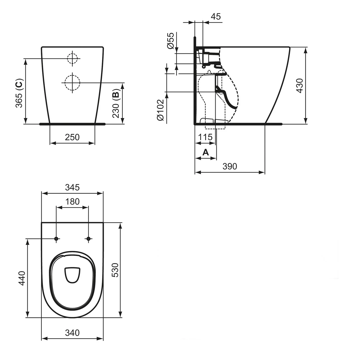 Rysunek techniczny toalety wiszącej z wymiarami, Ideal Standard