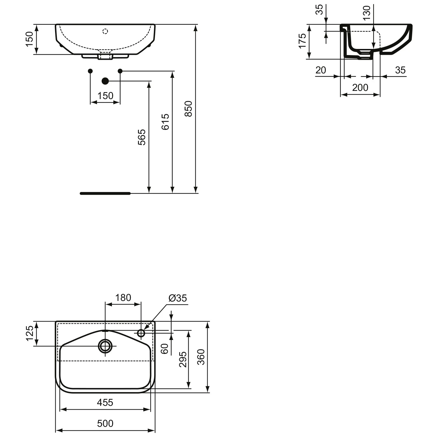 Rysunek techniczny umywalki półwpuszczanej, Ideal Standard