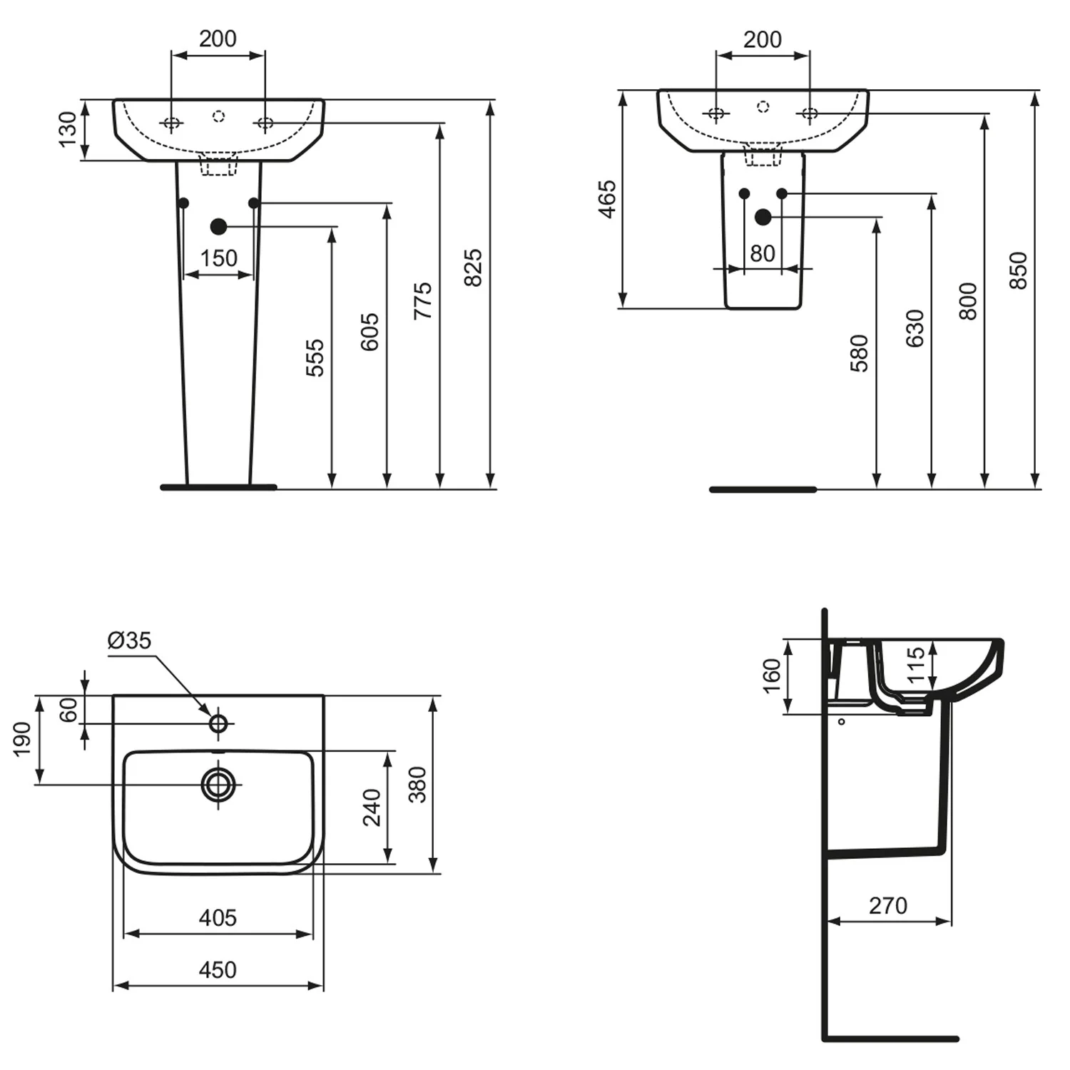 Rysunek techniczny umywalki z wymiarami, Ideal Standard