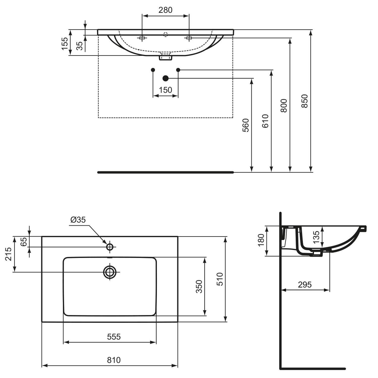 Rysunek techniczny umywalki meblowej z wymiarami, Ideal Standard
