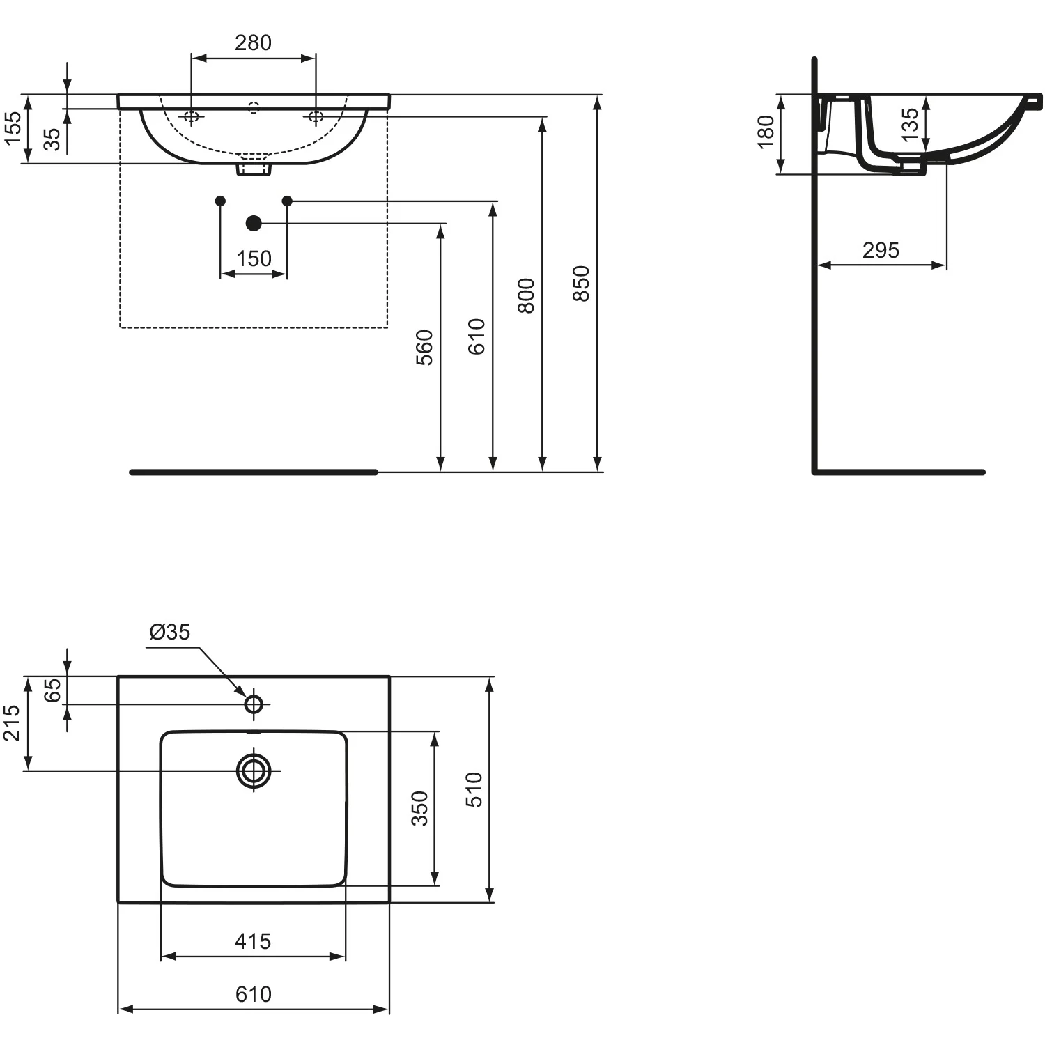 Rysunek techniczny umywalki z wymiarami, Ideal Standard