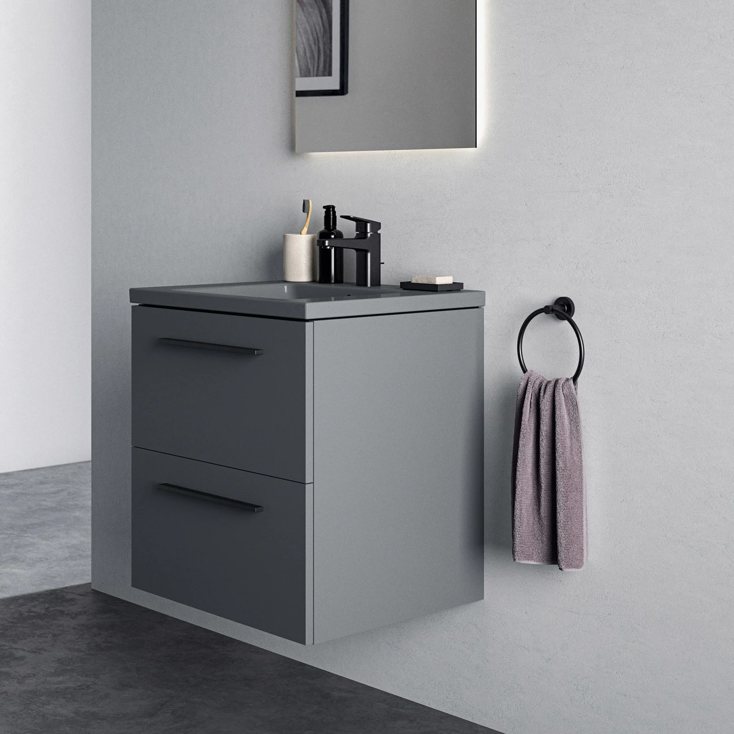 Szara umywalka z lustrem w łazience, Ideal Standard