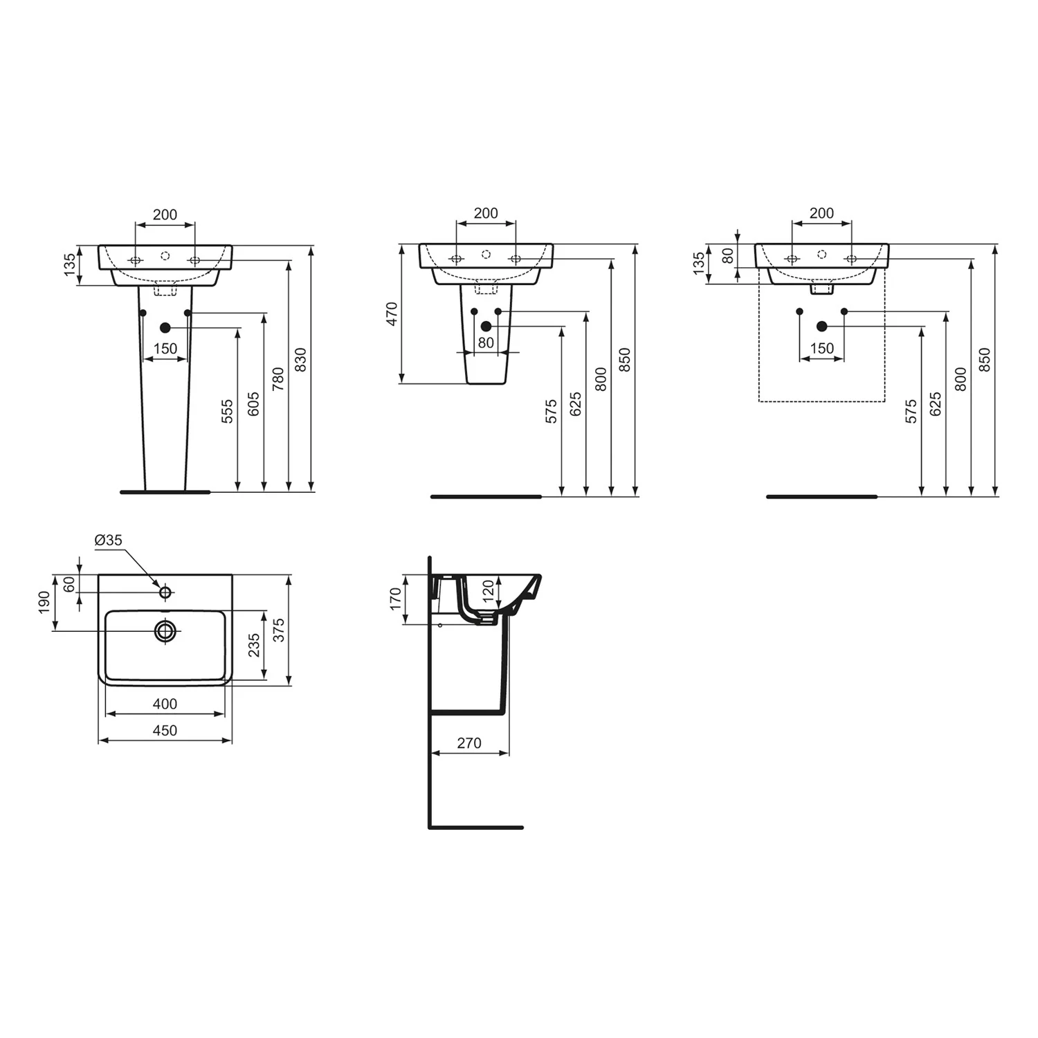 Rysunek techniczny umywalki z wymiarami, Ideal Standard