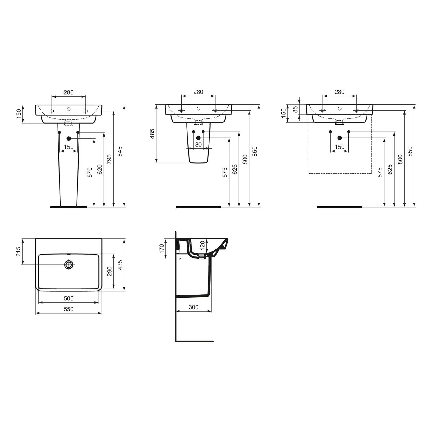 Rysunek techniczny umywalki z wymiarami, Ideal Standard