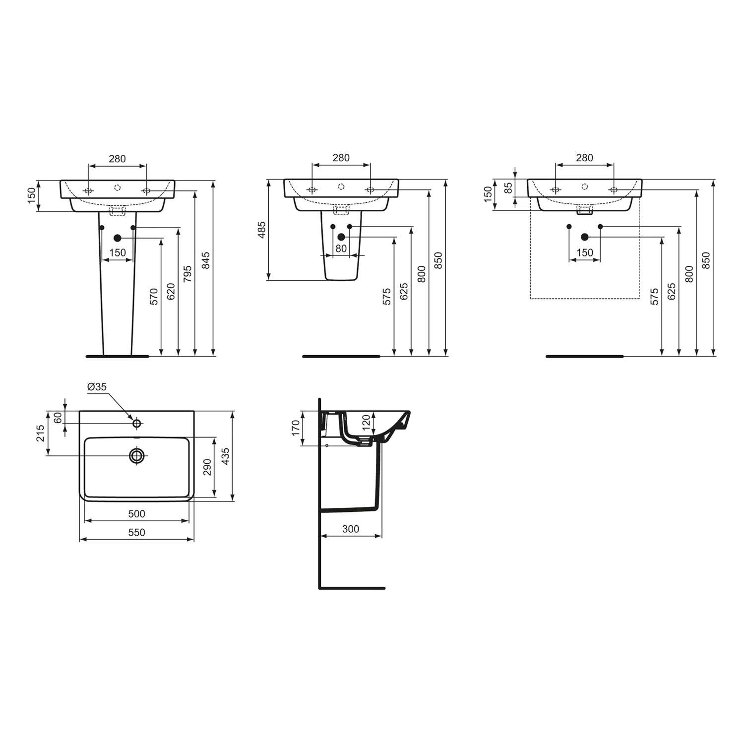 Rysunek techniczny umywalki z wymiarami, Ideal Standard