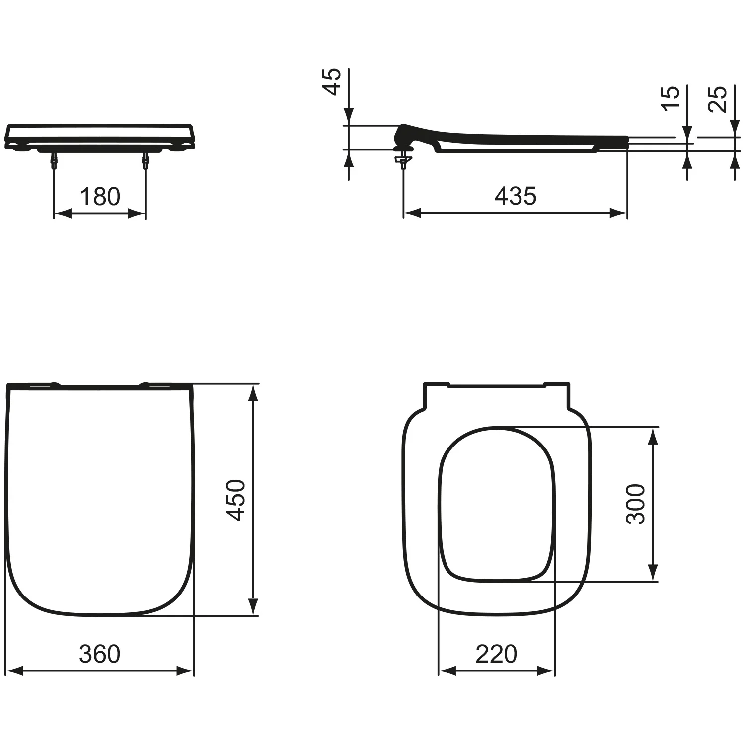 Rysunek techniczny deski sedesowej z wymiarami, Ideal Standard