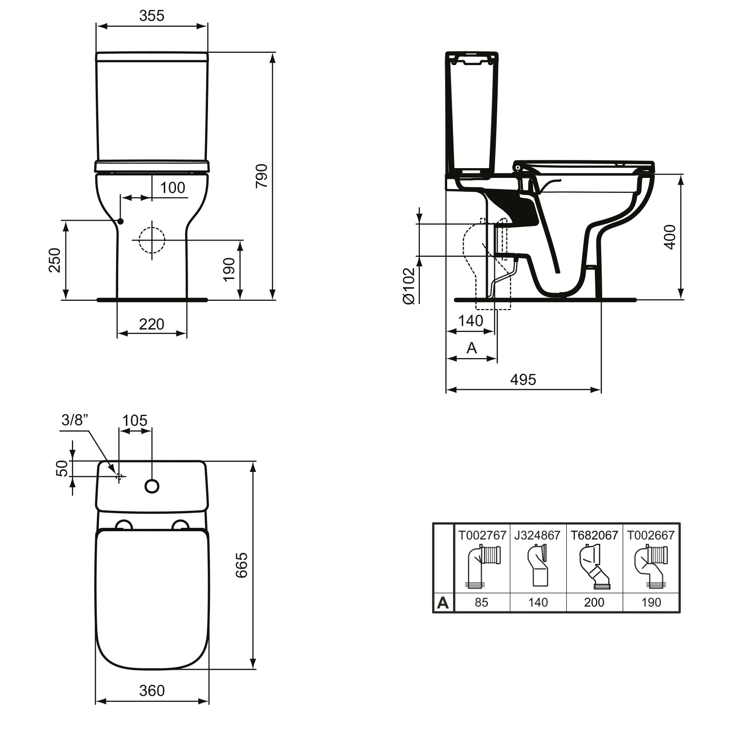 Rysunek techniczny toalety stojącej z wymiarami, Ideal Standard