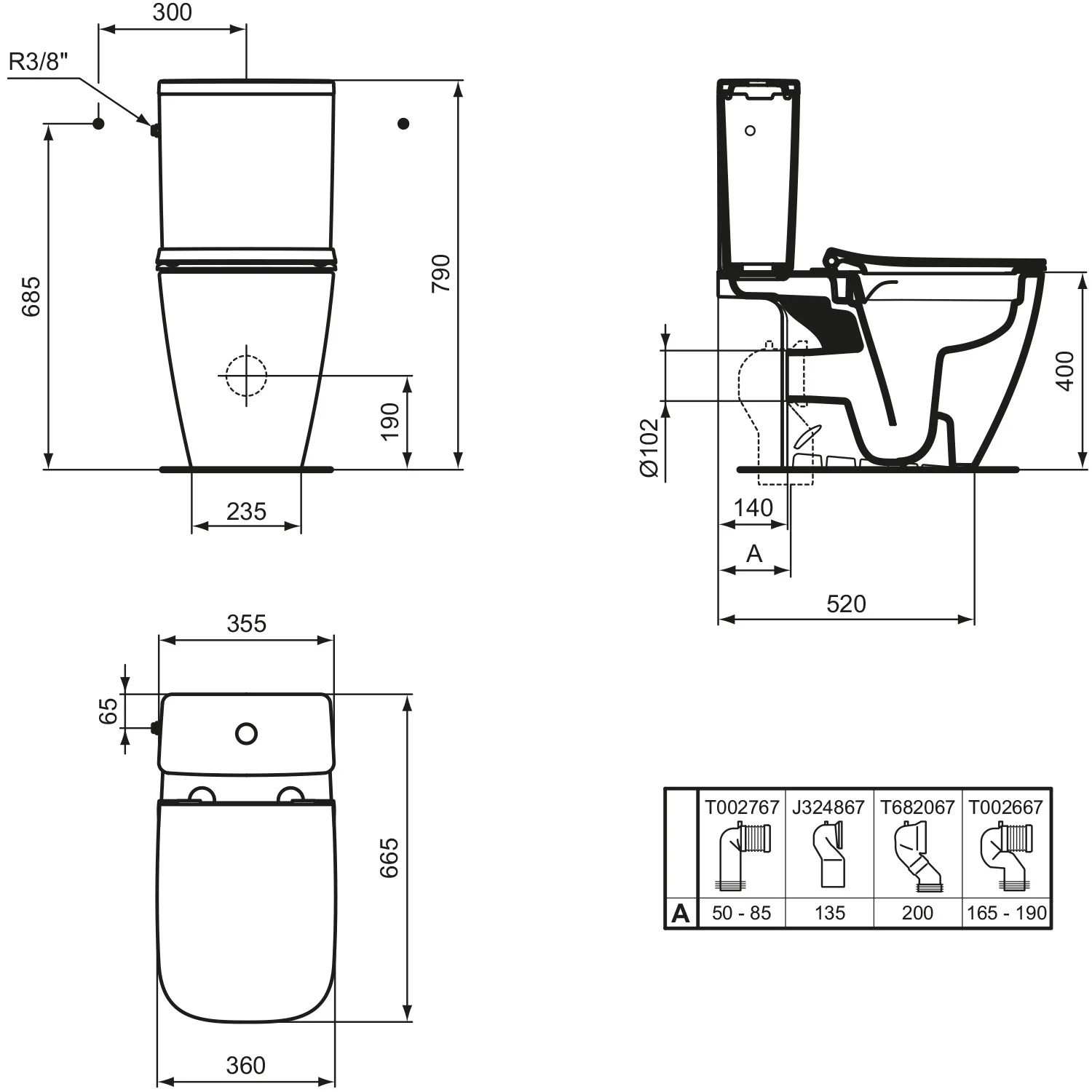 Rysunek techniczny WC stojącego z wymiarami, Ideal Standard