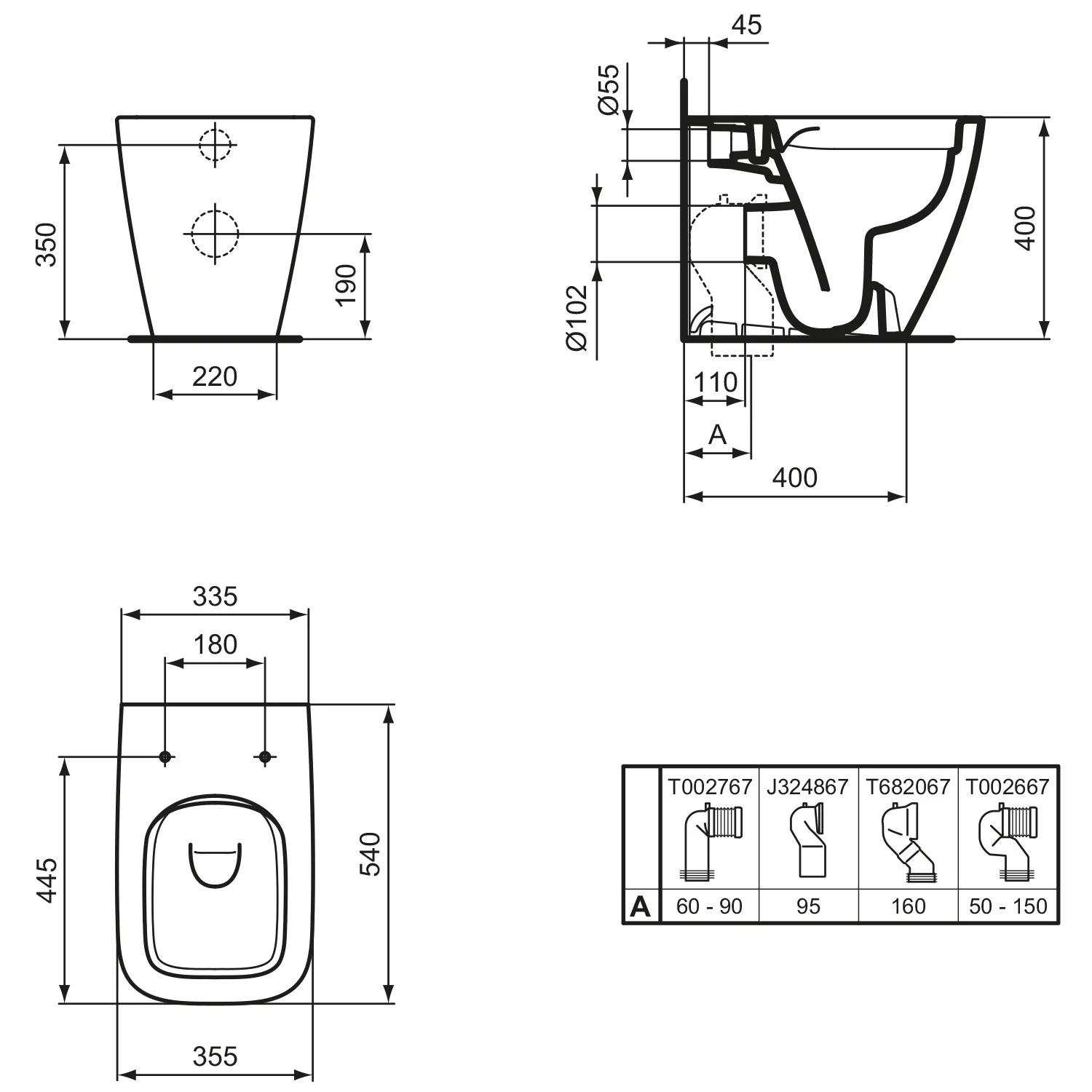 Rysunek techniczny WC stojącego z wymiarami, Ideal Standard