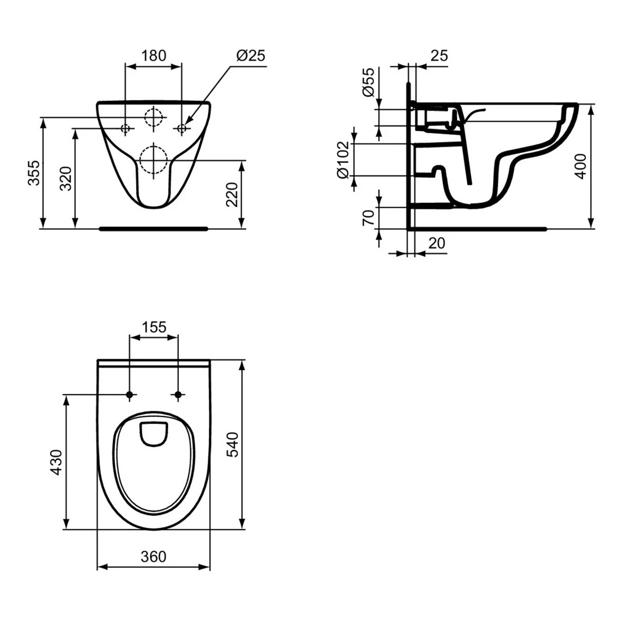 Rysunek techniczny toalety ściennej z wymiarami, Ideal Standard