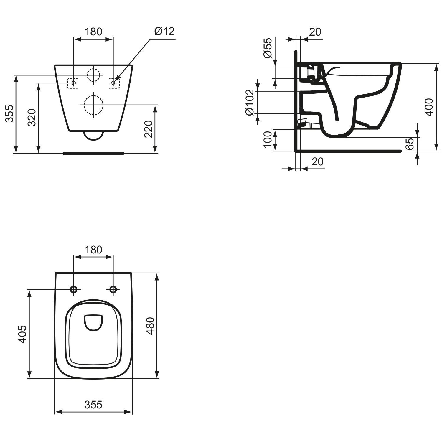 Rysunek techniczny toalety wiszącej, Ideal Standard
