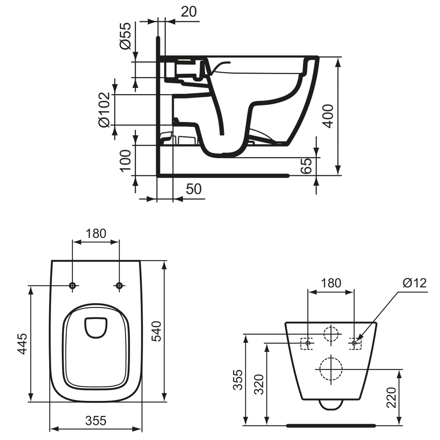 Rysunek techniczny toalety wiszącej z wymiarami, Ideal Standard