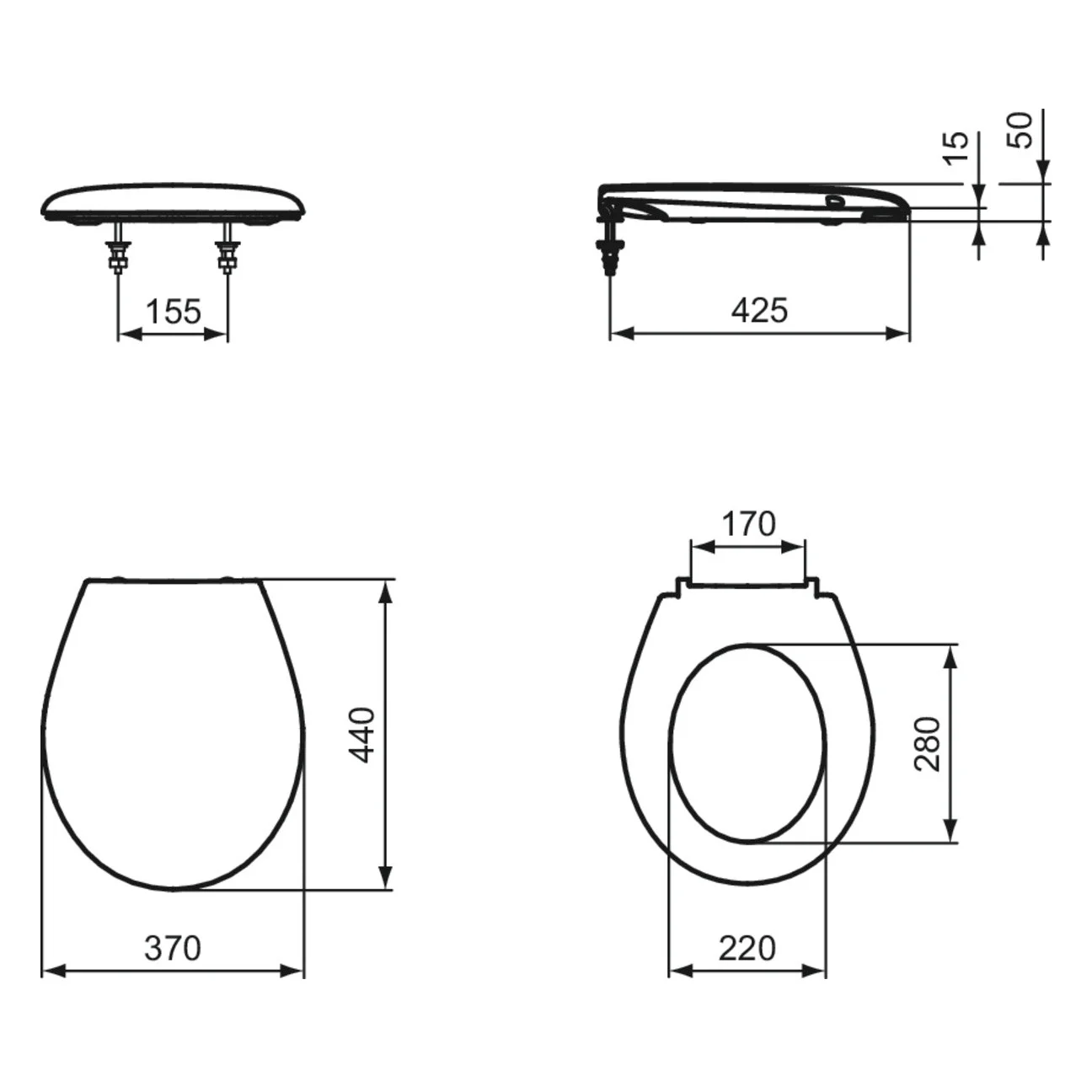Rysunek techniczny deski sedesowej z wymiarami, Ideal Standard