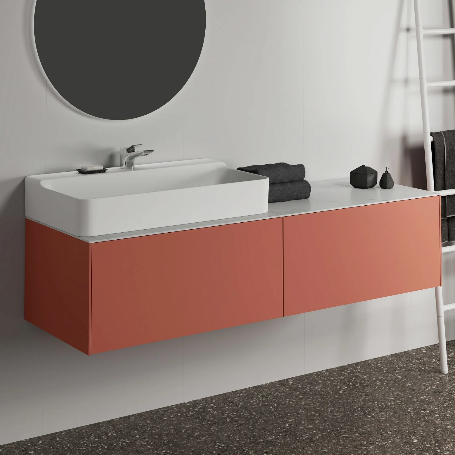 Umywalka z czerwoną szafką w łazience, Ideal Standard
