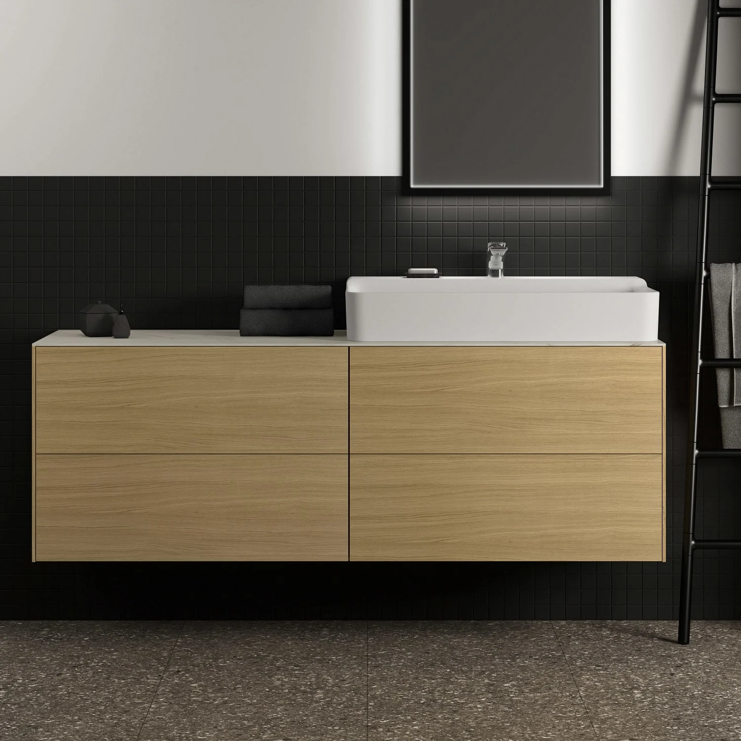 Umywalka w kolorze drewna z czarną ścianą z płytek, Ideal Standard