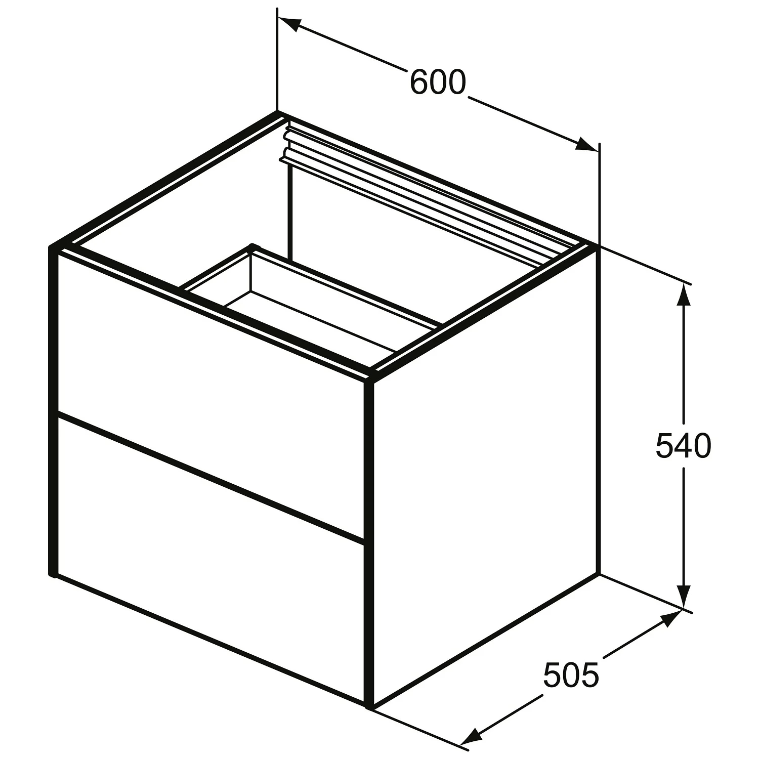 Rysunek techniczny kwadratowej szafki z wymiarami, Ideal Standard