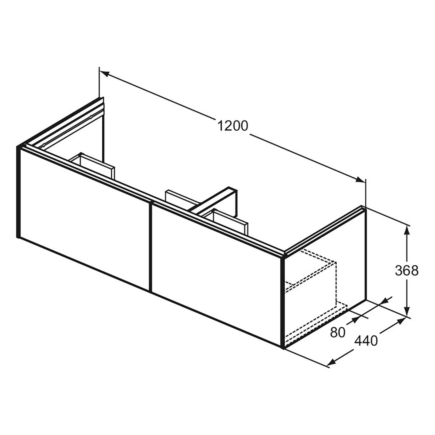 Rysunek techniczny szafki pod umywalkę z wymiarami, Ideal Standard