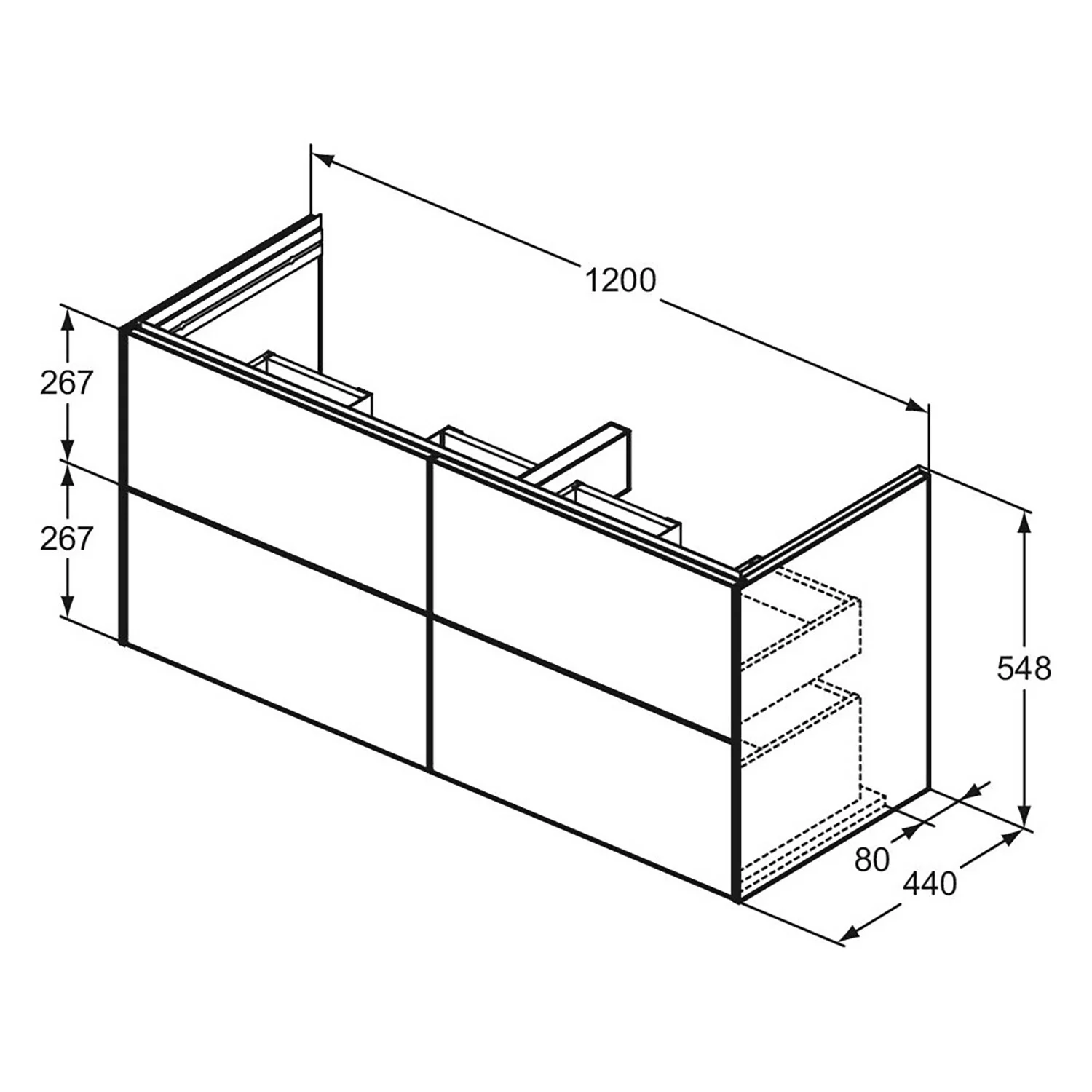 Rysunek techniczny szafki pod umywalkę z wymiarami, Ideal Standard