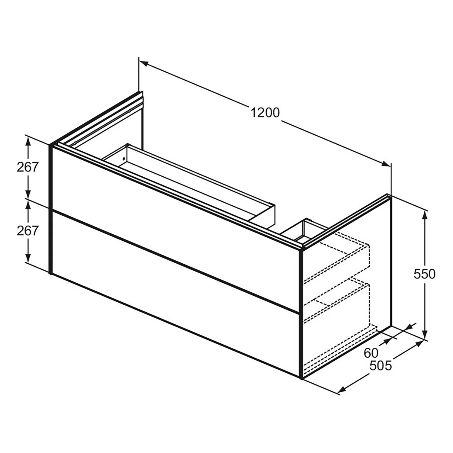Rysunek techniczny szafki umywalkowej z wymiarami, Ideal Standard