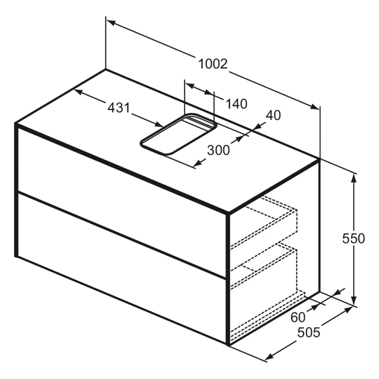 Rysunek techniczny szafki umywalkowej z wymiarami, Ideal Standard