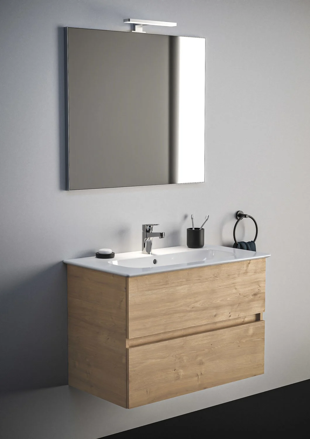 Drewniana umywalka z lustrem w łazience, Ideal Standard