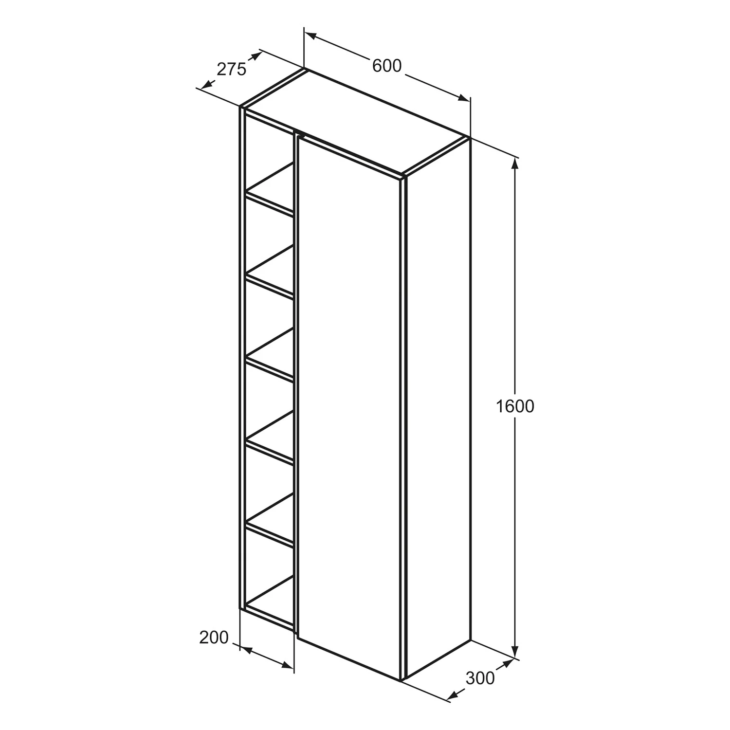 Rysunek techniczny wysokiej szafki z wymiarami, Ideal Standard