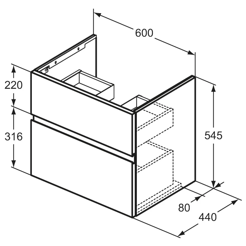 Rysunek techniczny szafki łazienkowej z wymiarami, Ideal Standard